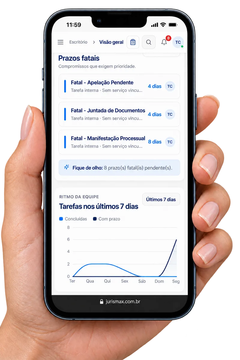 JurisMax no celular, com visão dos prazos fatais e tarefas